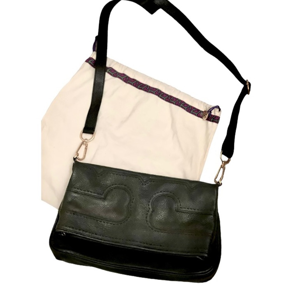 Tory Burch Amalie Fold Over Black Crossbody Purse Clutch Messenger Bag Authentic